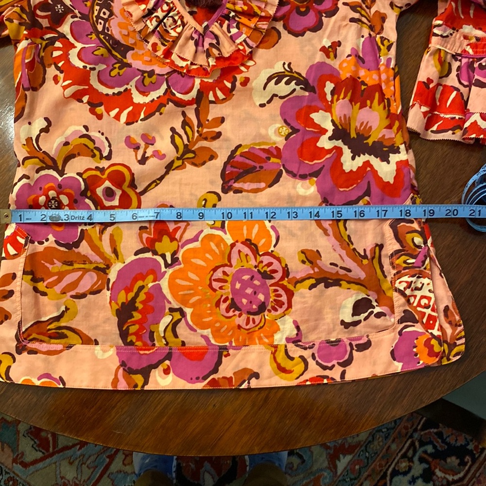 Tory Burch Cotton Voile Tunic Pink Orange Floral Drawstring Ruffle Collar Size 4 - Picture 14 of 16